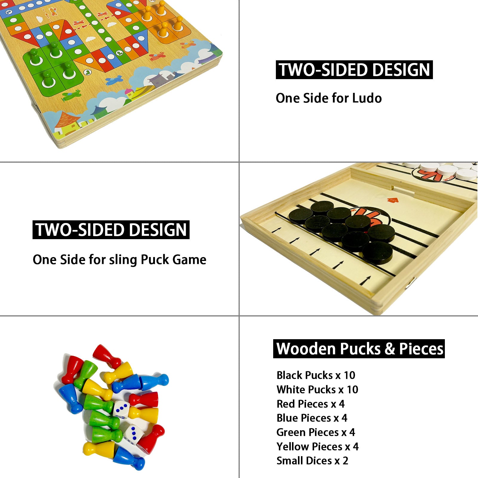 2 in 1 Ludo Board Game, 20" x 10.5" Large Size Sling Puck Game for Adults & Teens, Fast Sling Wooden Hockey Board, Classic Concentration, Non-Folding Wooden Puzzle for Teens, 2-4 People